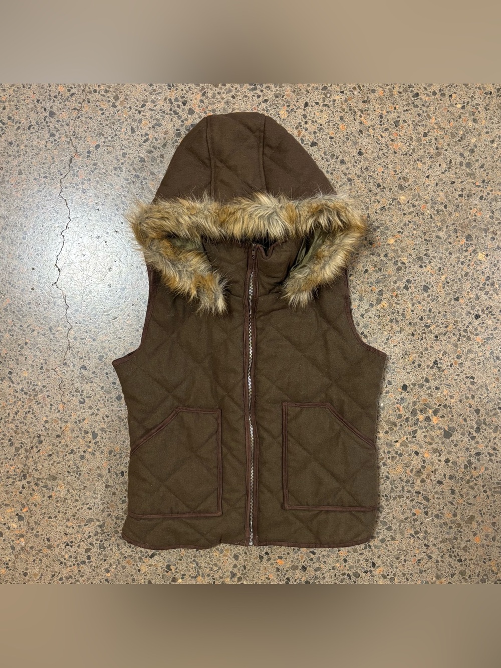 Peach Love California Wool, Fur Hooded Vest (Large) Grunge, Green, Brown, Tan